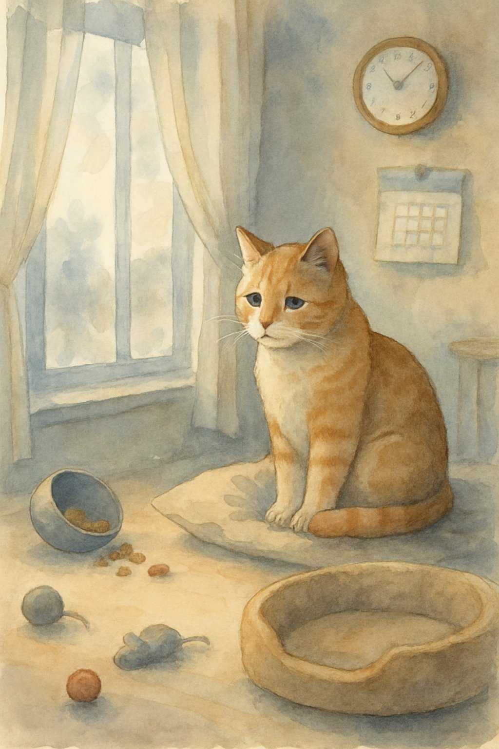 A house cat sitting quietly on a cushion near a window, surrounded by scattered toys and an empty bed, looking sad in a cozy indoor room.