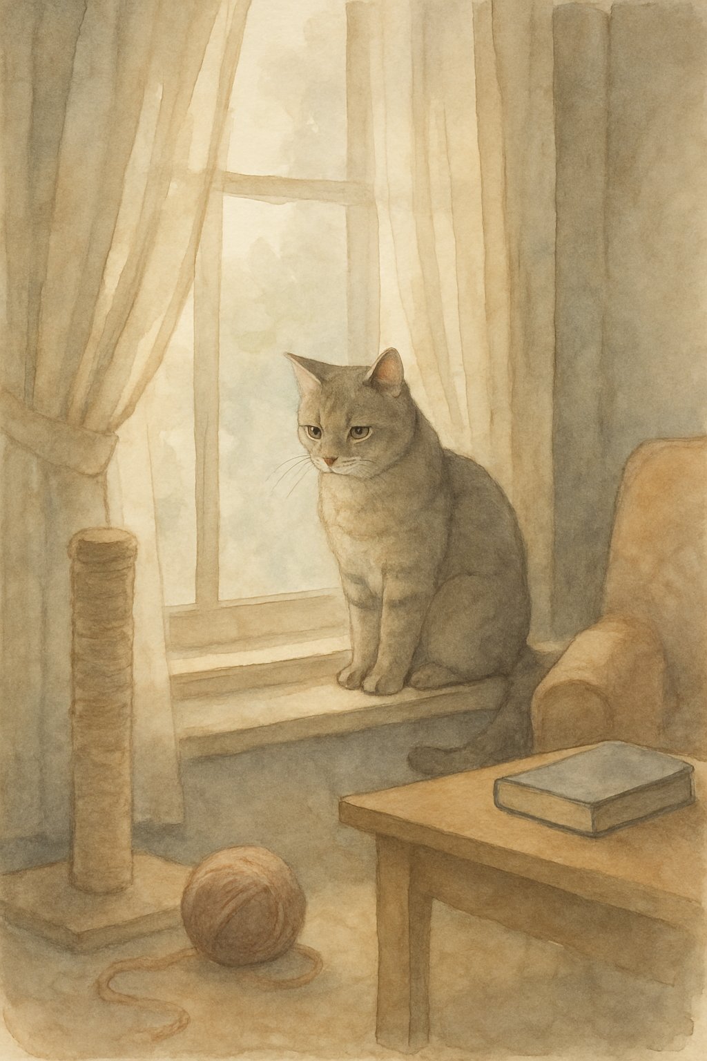 A cat sitting alone on a windowsill inside a quiet living room, looking outside with a sad expression, surrounded by toys and objects left untouched.