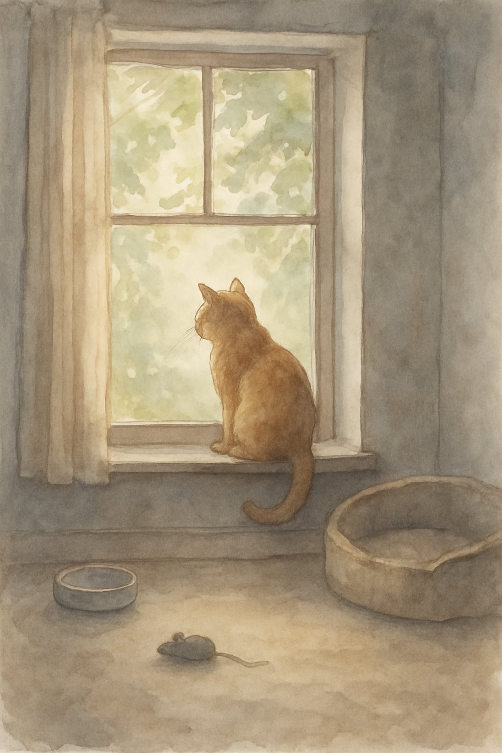 A cat sitting alone on a windowsill inside a quiet room, looking outside with a sad expression.