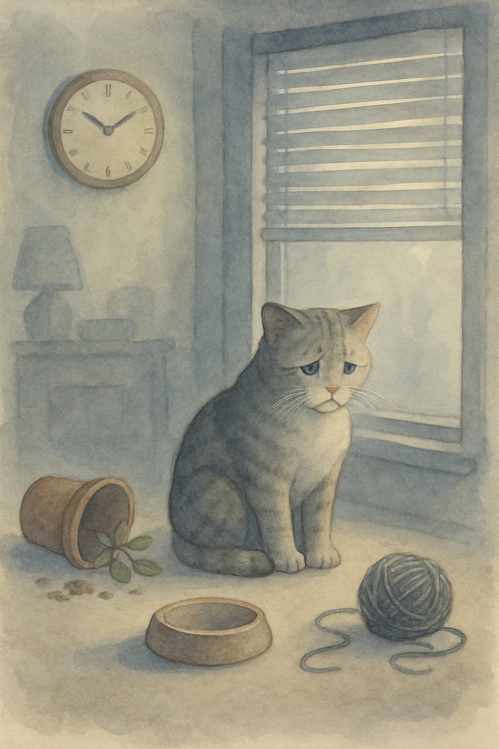 A sad indoor cat sitting by a closed window surrounded by symbols of boredom, lack of stimulation, and isolation in a dimly lit room.