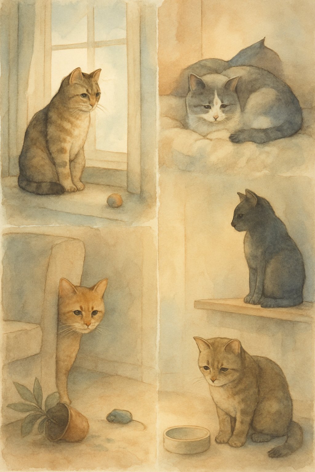 Five indoor cats in a cozy home showing different signs of sadness and loneliness, including sitting by a window, hiding, lying curled up, staring at an empty bowl, and sitting alone on a shelf.