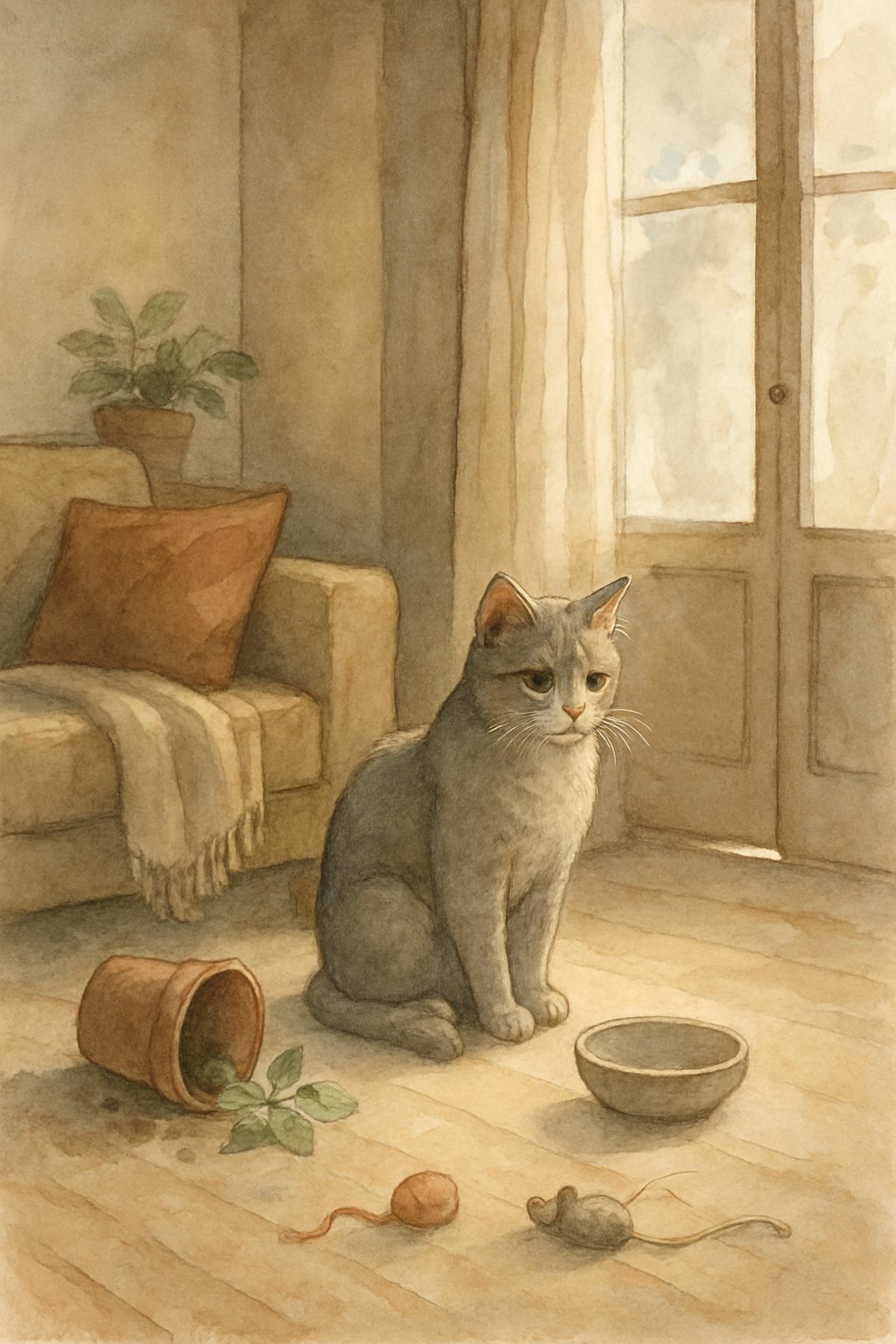 An indoor cat sitting quietly by a window in a cozy living room, surrounded by a tipped-over plant, empty food bowl, closed door, and scattered toys.