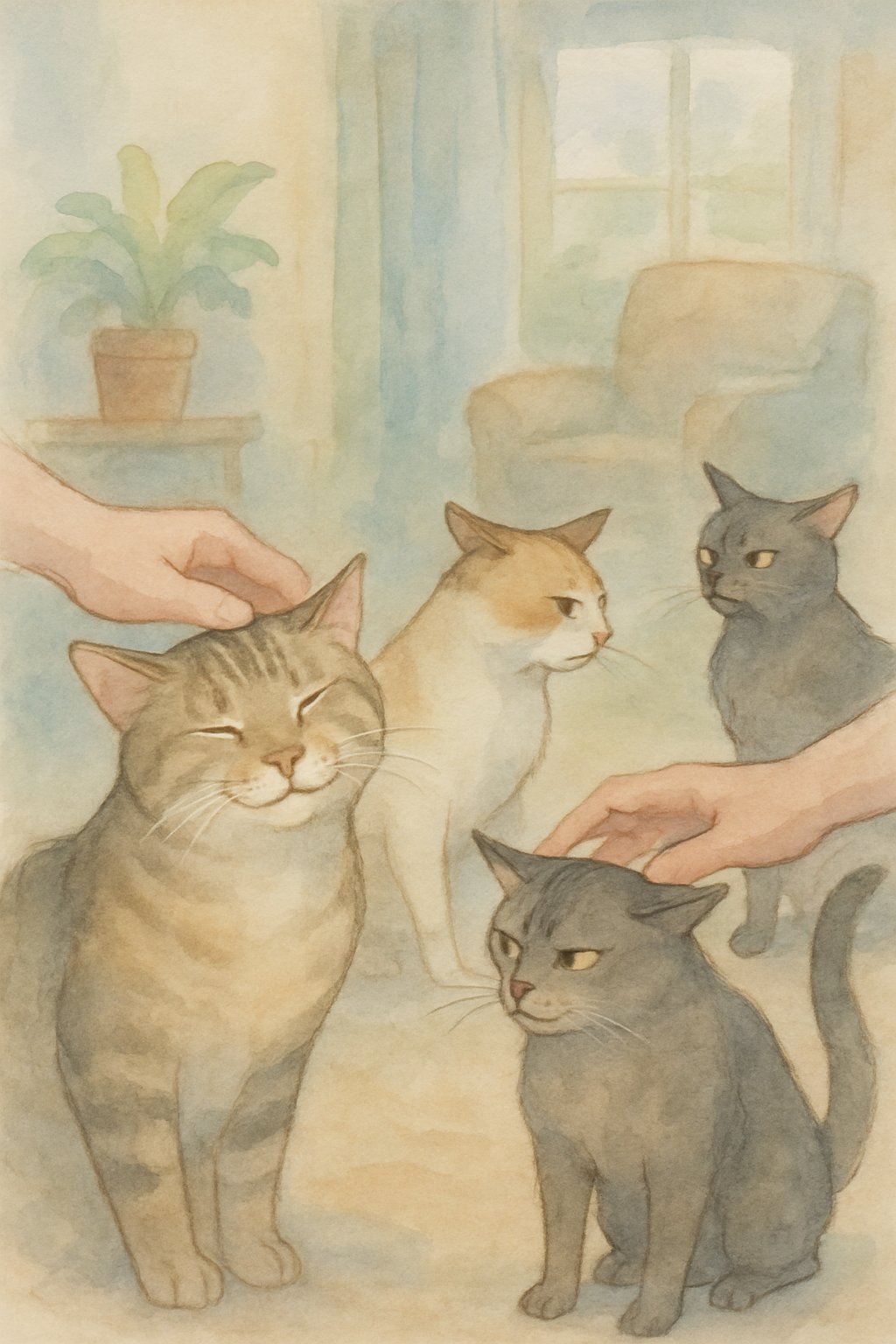 Several cats in a cozy room showing different reactions to being petted, with some enjoying it and others looking uncomfortable or turning away.