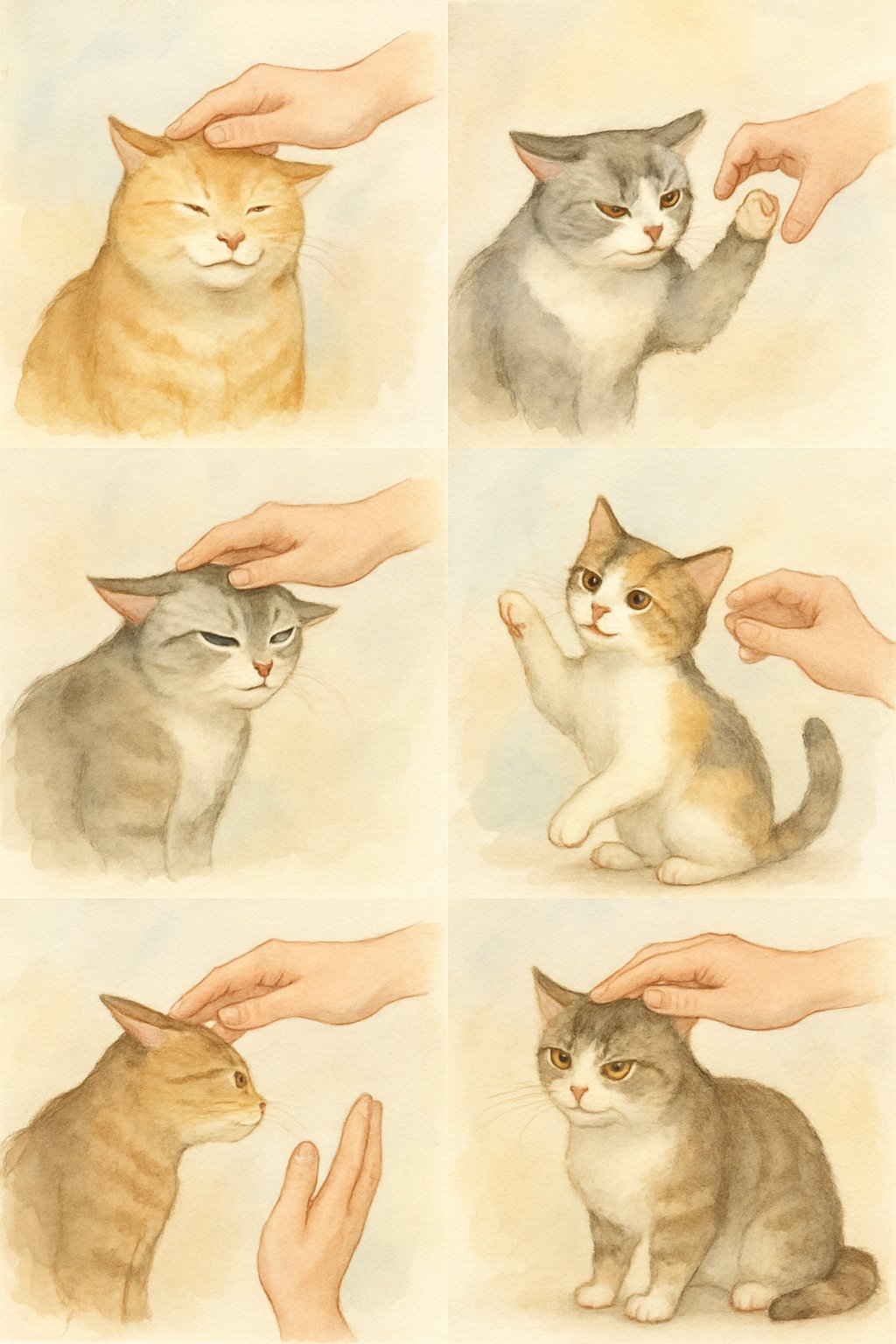 Six cats showing different reactions to being petted, ranging from relaxed and happy to uncomfortable and playful, with a soft and gentle background.