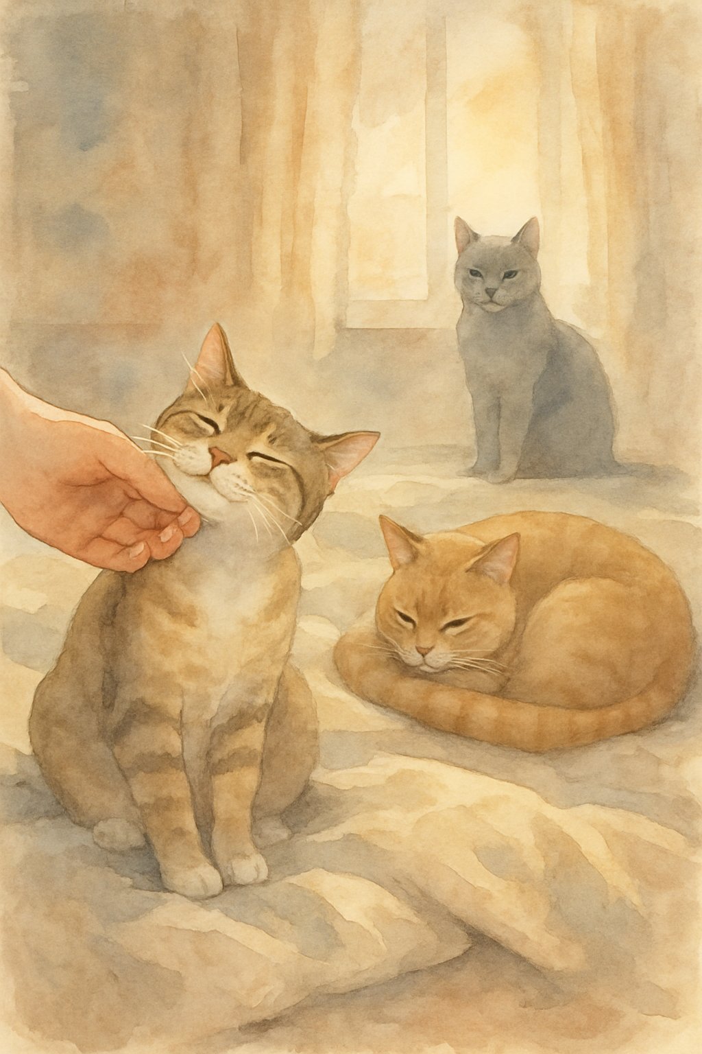Three cats indoors; one enjoys a head scratch from a human hand, another lies curled up resting, and the third watches quietly from a distance.