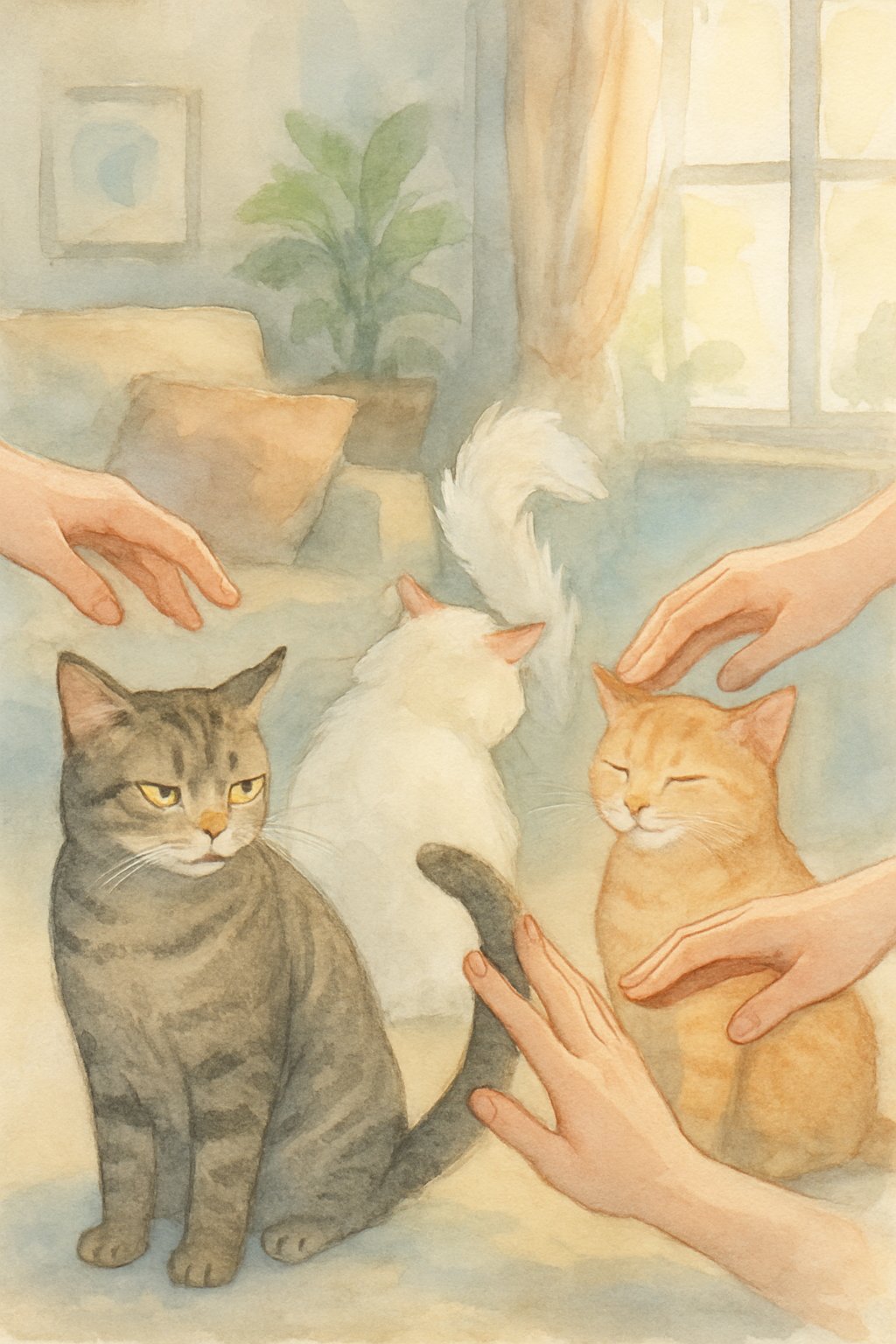 Several cats indoors showing different reactions to being petted near their tails, with some looking annoyed and others calm.