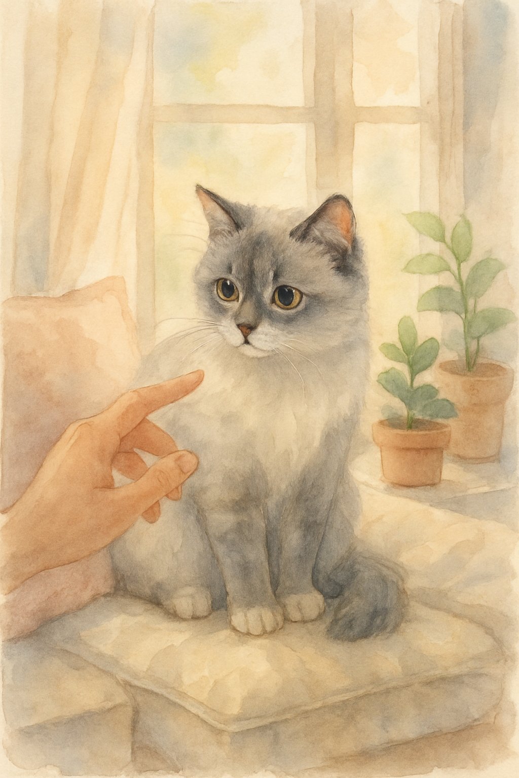 A shy cat sitting on a windowsill looking cautiously at a human hand reaching out to pet it.