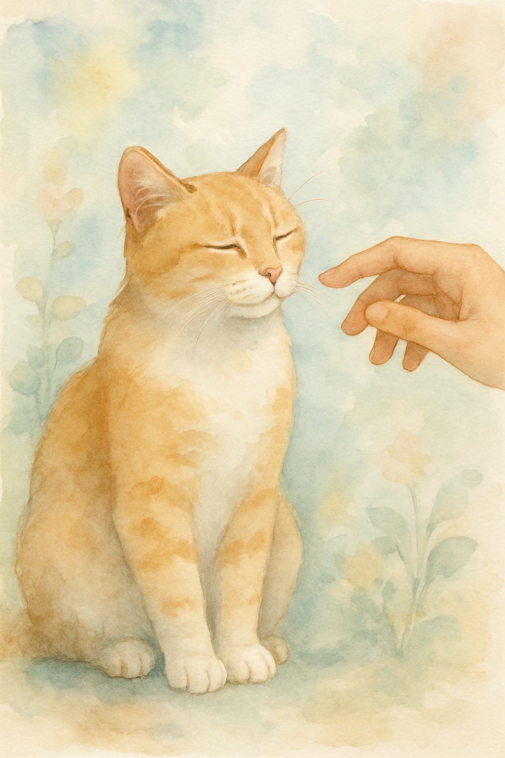 A calm cat slowly blinking with a human hand reaching out gently to pet it.