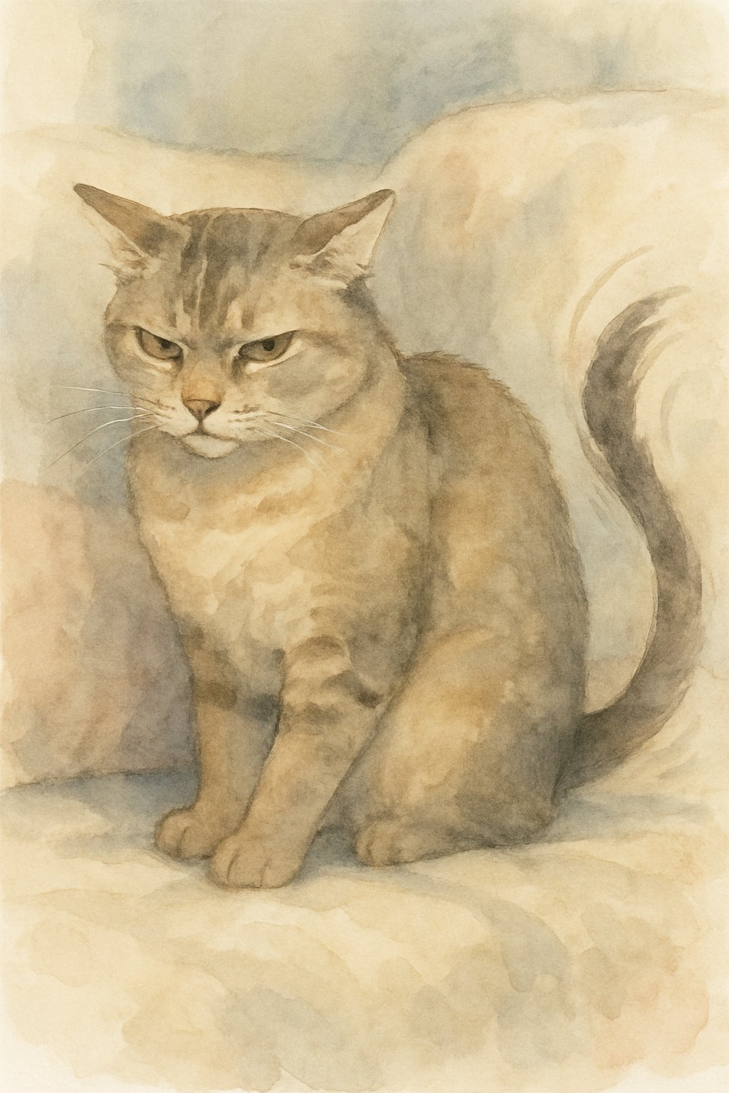 A cat with a twitching tail showing signs of discomfort while sitting indoors.