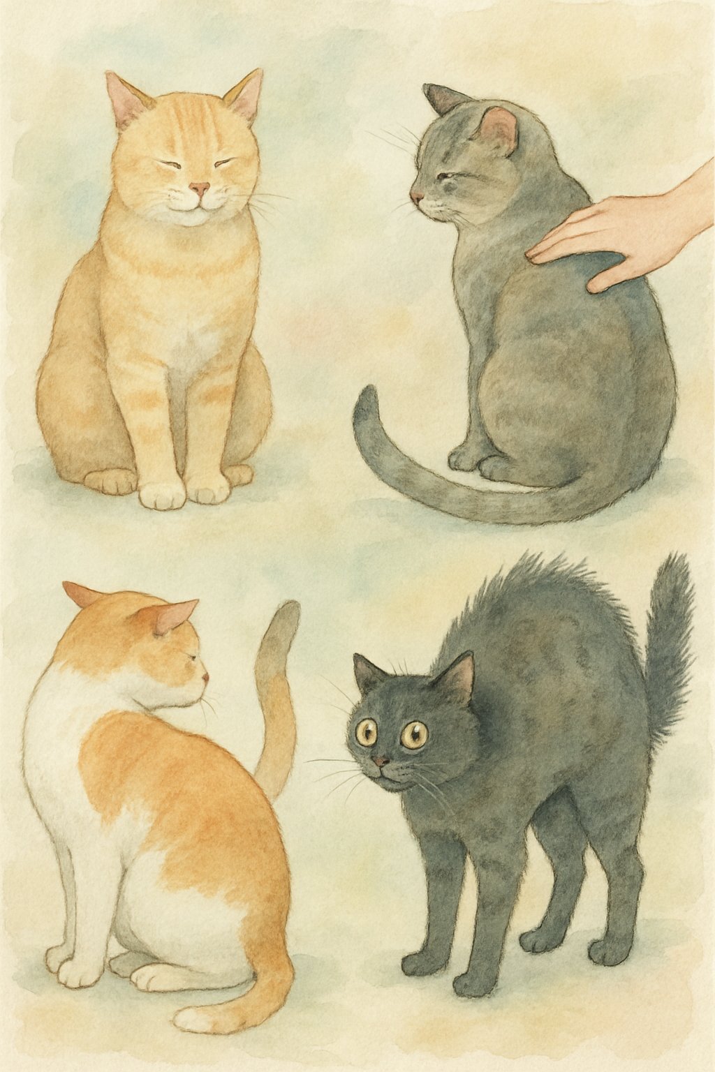 Several cats showing different body language cues, including relaxed, uncomfortable, and agitated postures.
