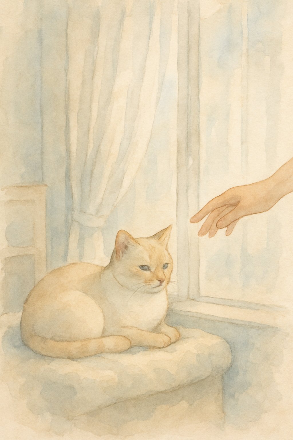 A calm cat resting on a windowsill in a quiet, softly lit room with an empty hand nearby but not touching the cat.