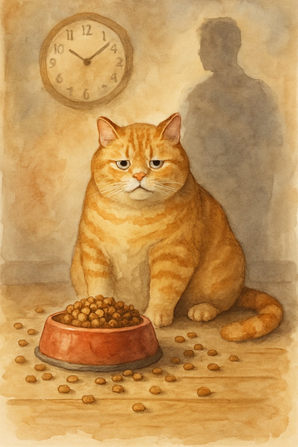 An overweight cat sitting near an overflowing food bowl with scattered food on the floor inside a cozy room.