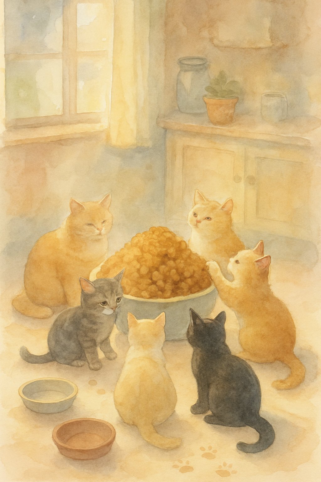 Several cats gathered around a large bowl of food in a cozy kitchen corner, some eating and some sitting nearby.