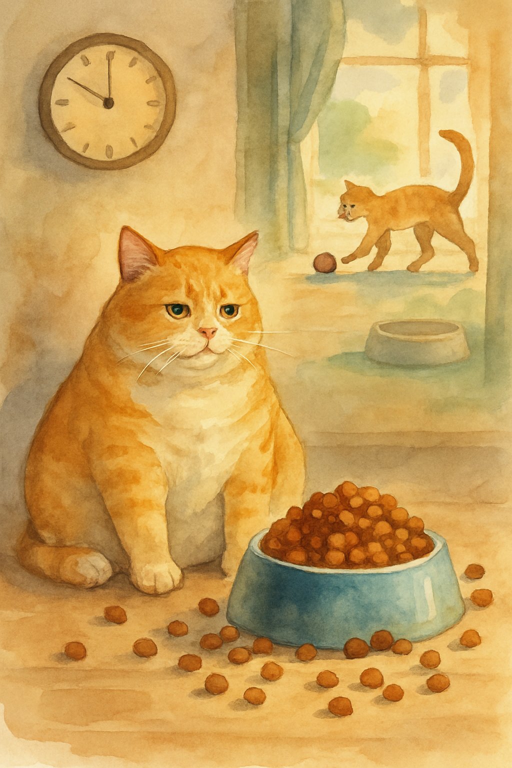 A cat sitting next to an overflowing food bowl with scattered kibble, looking content but inactive, while a healthy cat plays near an empty bowl by a sunlit window.