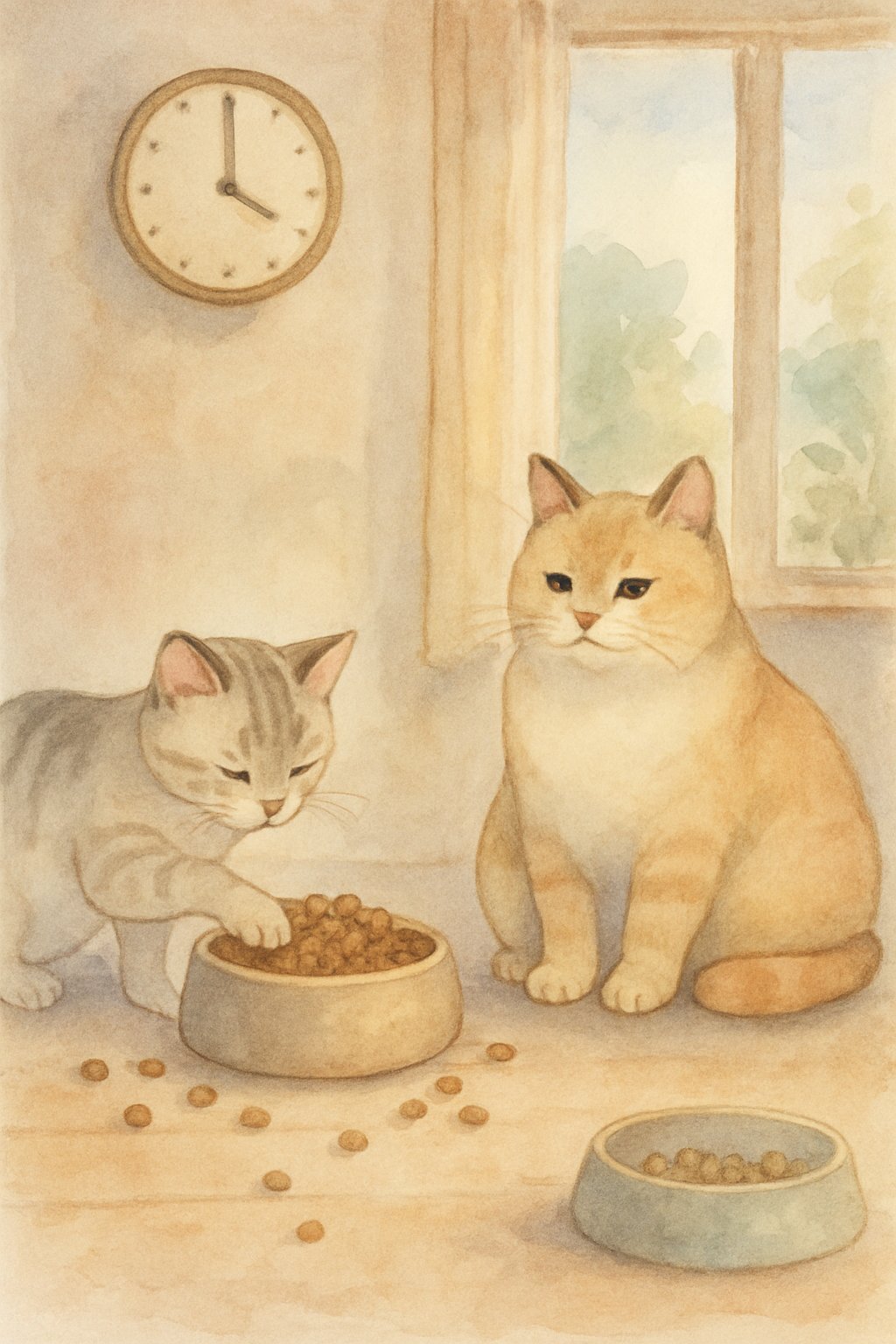 Two cats indoors, one bored and pawing at a food bowl, the other resting nearby, with scattered kibble and a clock showing different times.