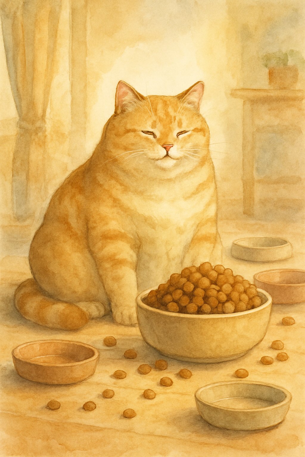 A plump cat sitting next to an overflowing bowl of cat food in a cozy home setting.