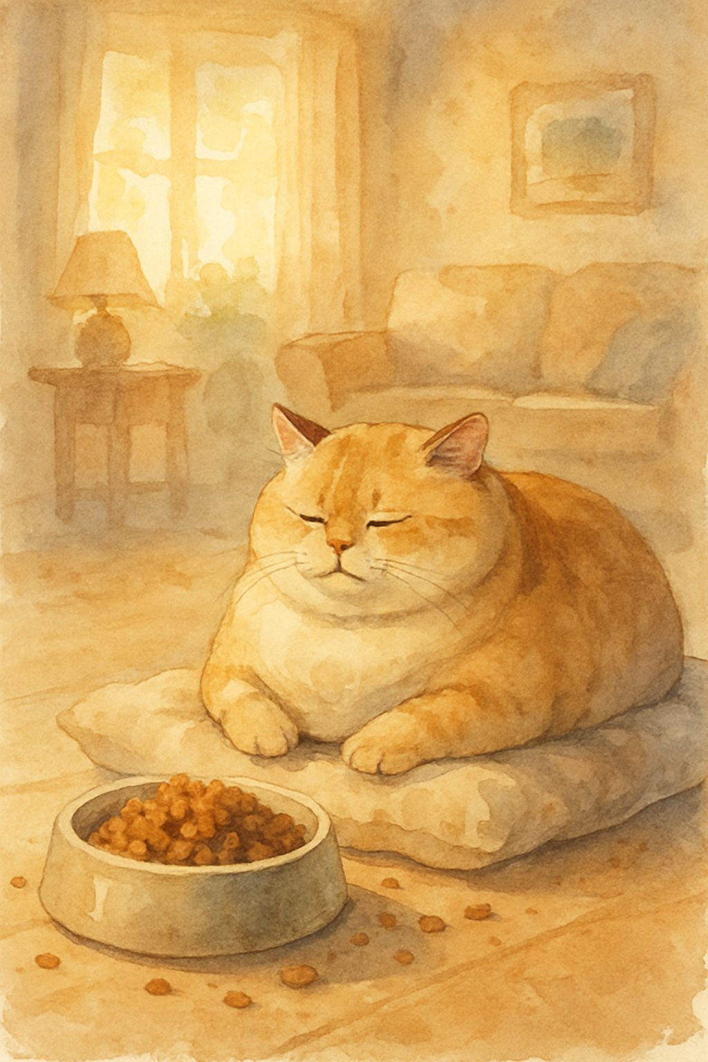 A plump cat resting on a cushion near a food bowl in a warm, quiet living room.