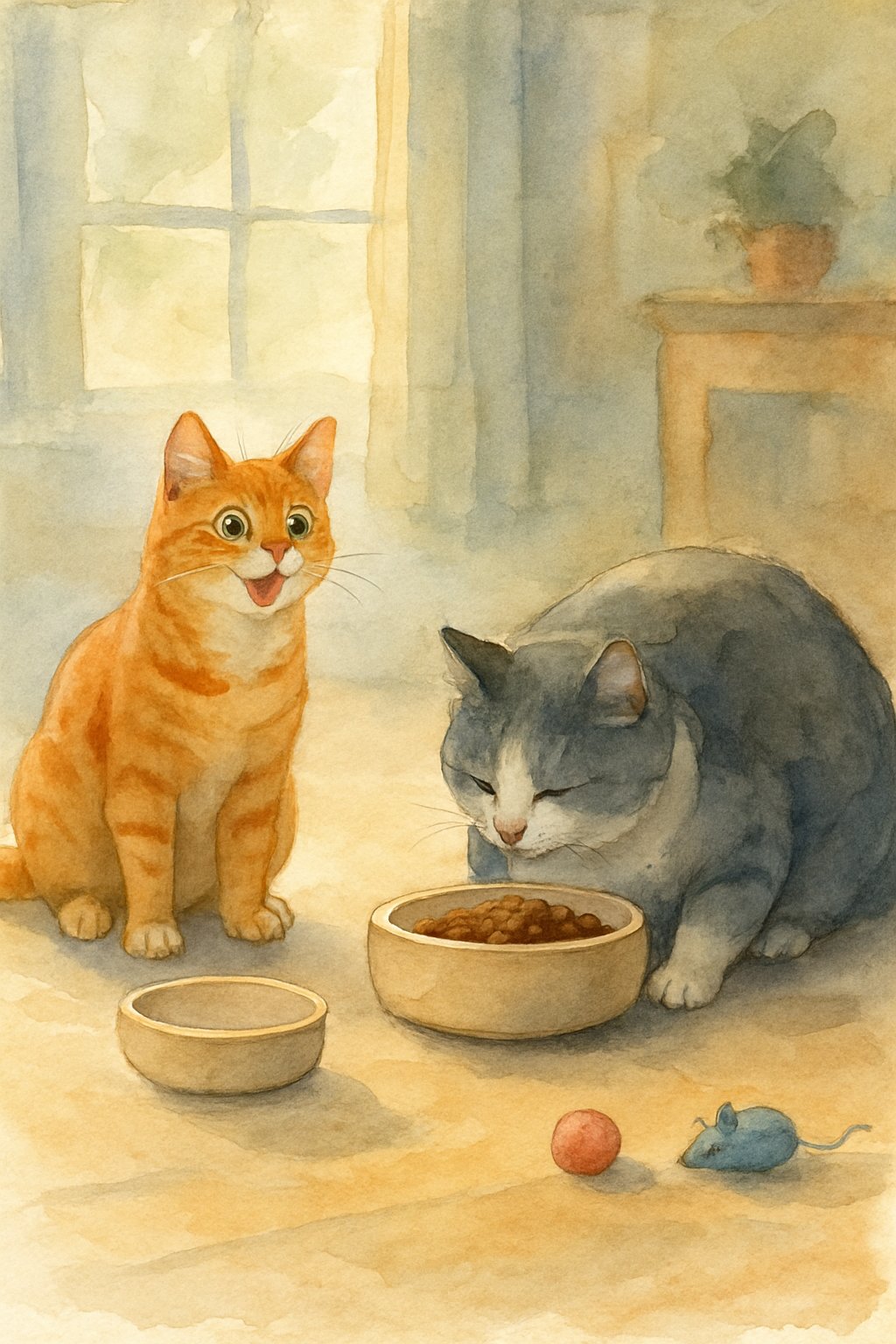 Two cats near their food bowls indoors, one eagerly waiting with an empty bowl and the other calmly eating from a full bowl.
