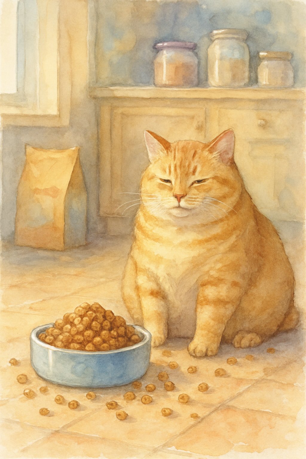 A plump cat sitting near a bowl overflowing with dry food, with scattered kibble on the floor in a cozy kitchen setting.