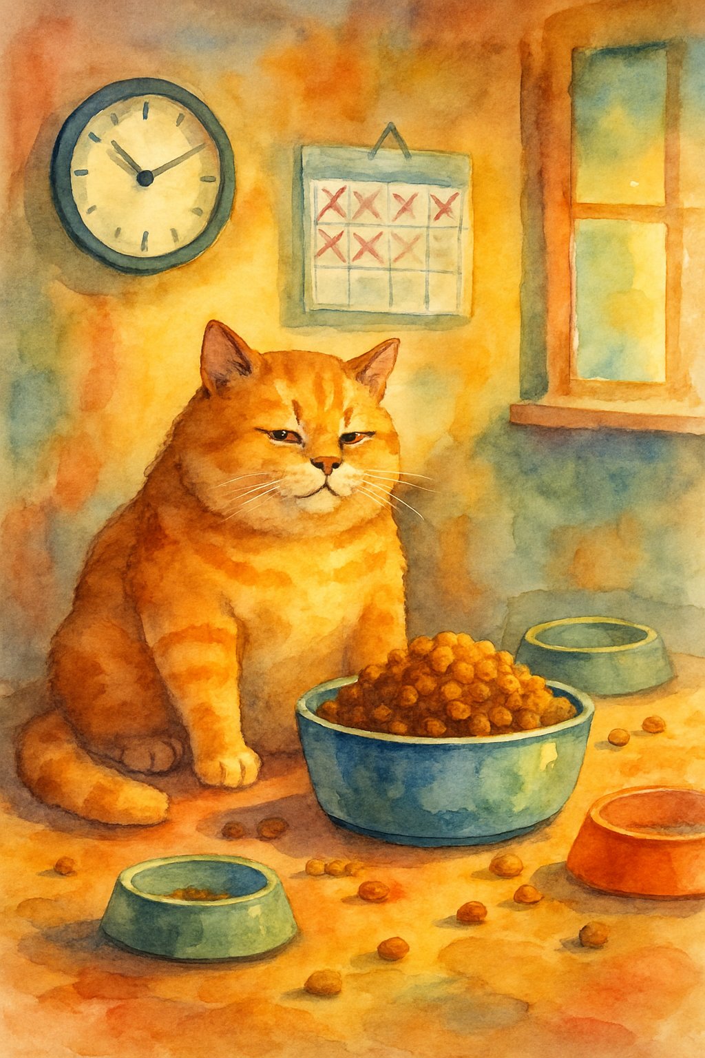 A domestic cat sitting near an overflowing food bowl in a cozy room with scattered bowls and a clock showing irregular meal times.
