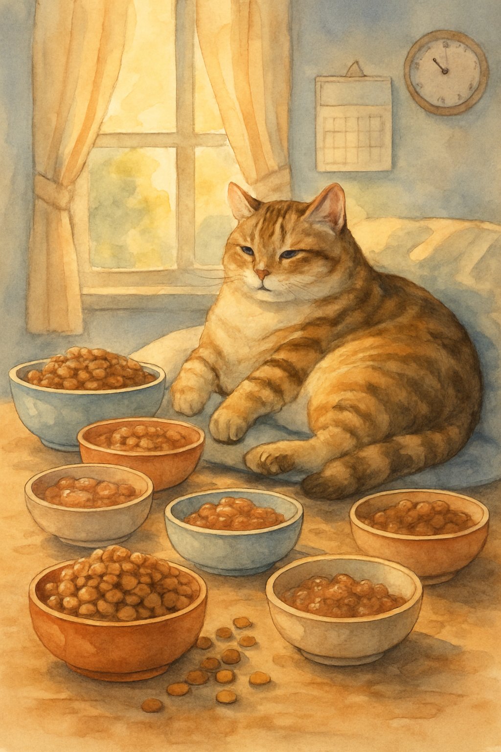 A cat resting indoors surrounded by several bowls of food, looking slightly overweight in a cozy room with sunlight coming through a window.