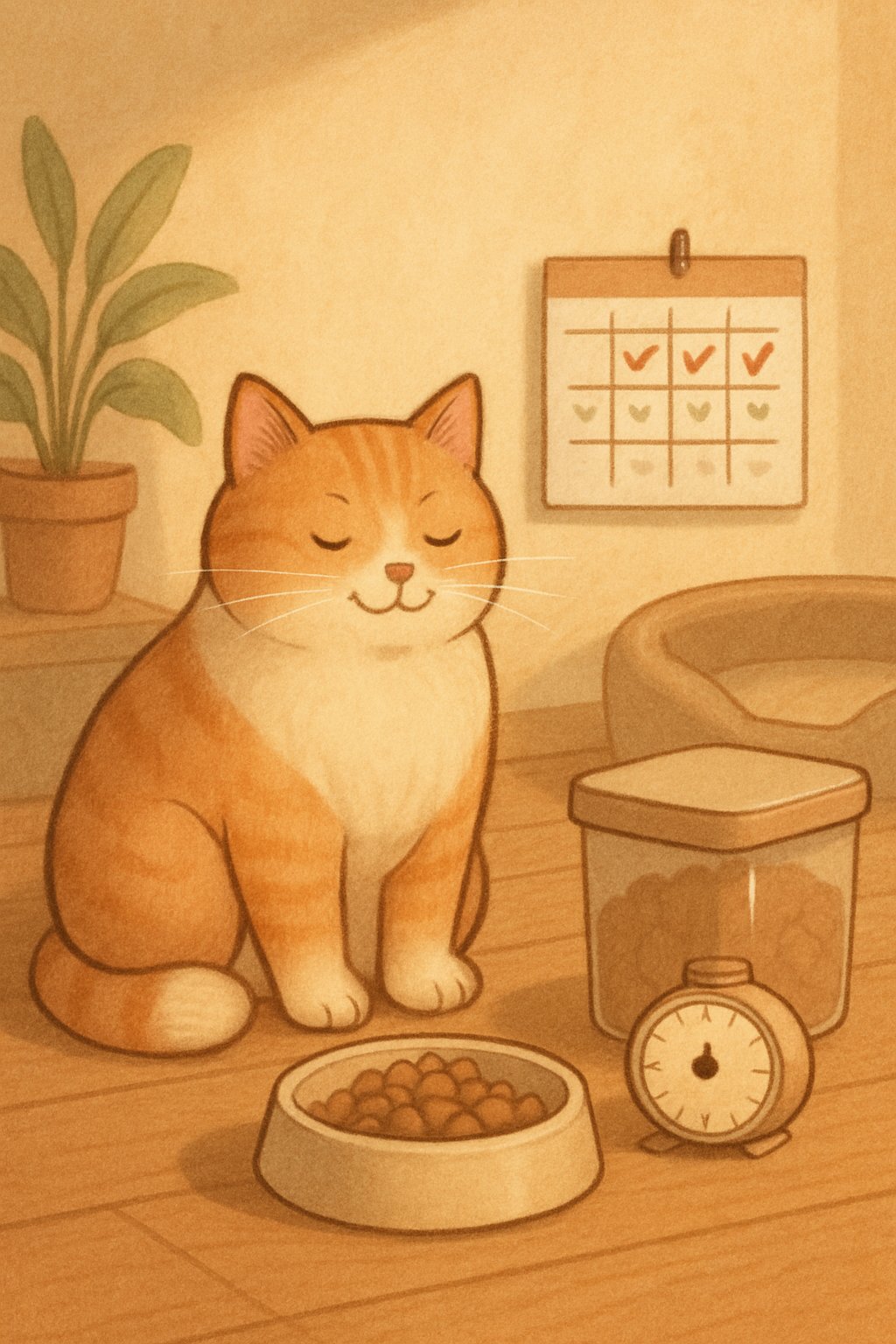A cat sitting near a food bowl with measured portions, a wall calendar, a timer, and a covered food container in a cozy indoor setting.