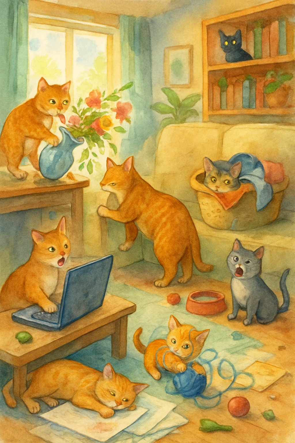A lively indoor scene showing several cats causing mischief around a cozy living room, including knocking over a vase, scratching furniture, playing with yarn, meowing by a food bowl, and lounging messily among household items.