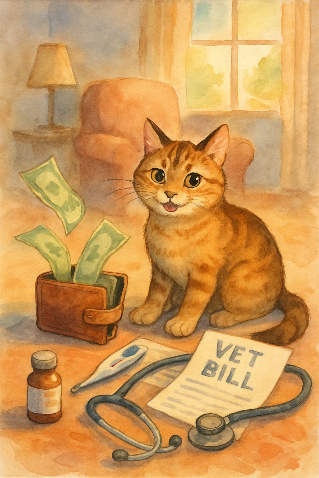 A cat sitting in a cozy living room surrounded by vet bills, medicine bottles, and a stethoscope, with money flying out of an open wallet nearby.