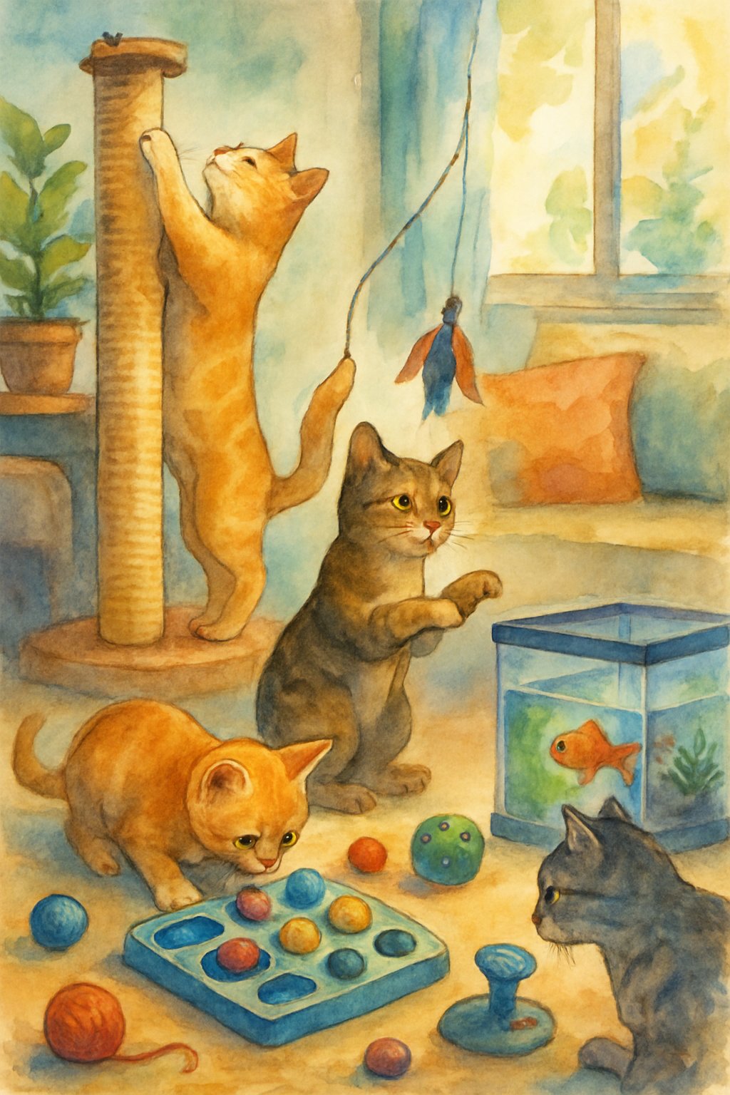 Several cats playing with toys and exploring their surroundings inside a cozy living room.