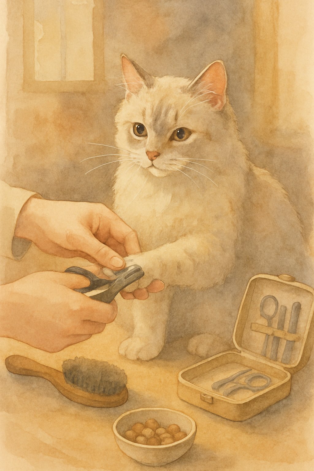 A person gently trimming a cat's nails while the cat sits calmly indoors with grooming tools nearby.