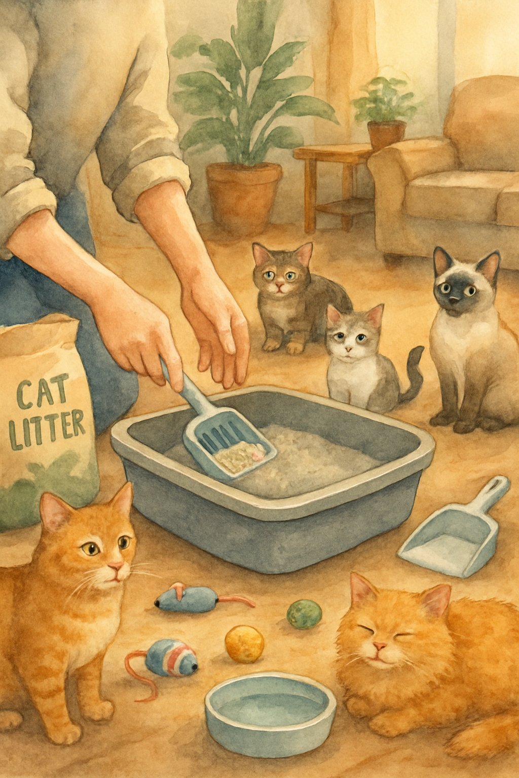 A person cleaning a cat's litter box while several cats watch and play nearby in a cozy living room.