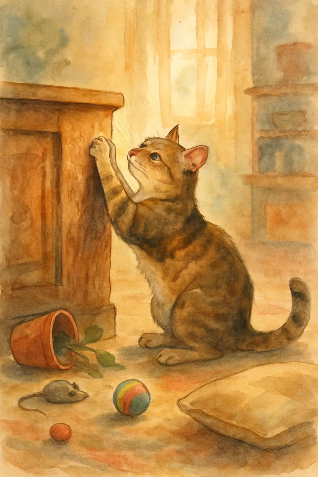 A cat scratching a wooden piece of furniture in a cozy room with scattered toys and a tipped-over plant pot nearby.