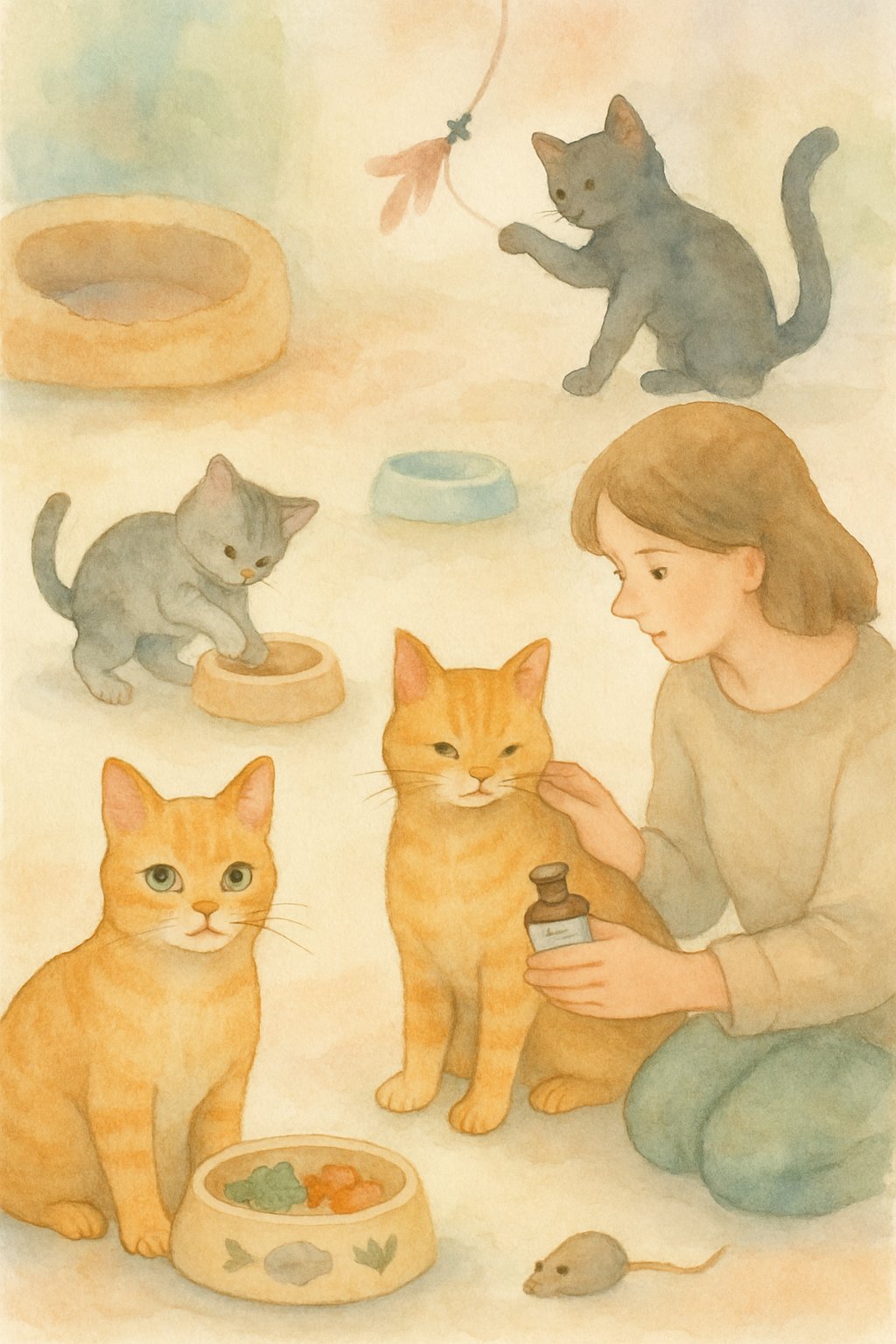 Several cats in a cozy indoor setting, some receiving special care and attention, with toys and feeding bowls around them.