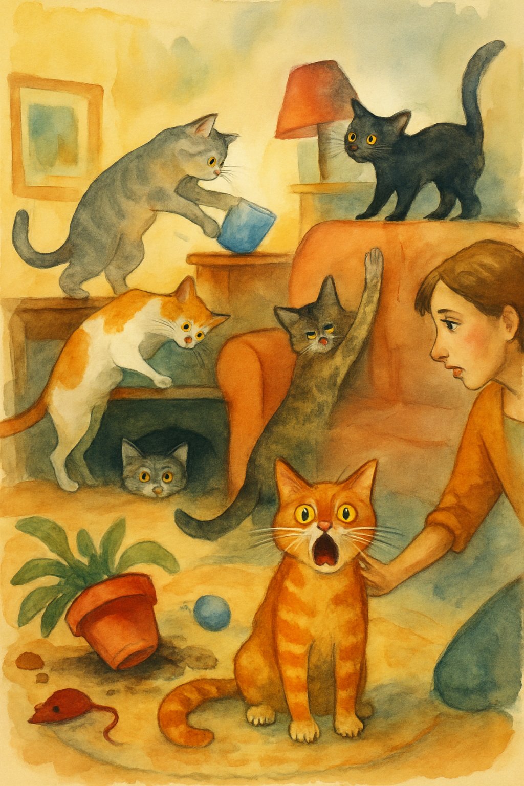 A group of cats in a home showing various behaviors like knocking over items, scratching furniture, hiding, and meowing, while a person tries to calm them.