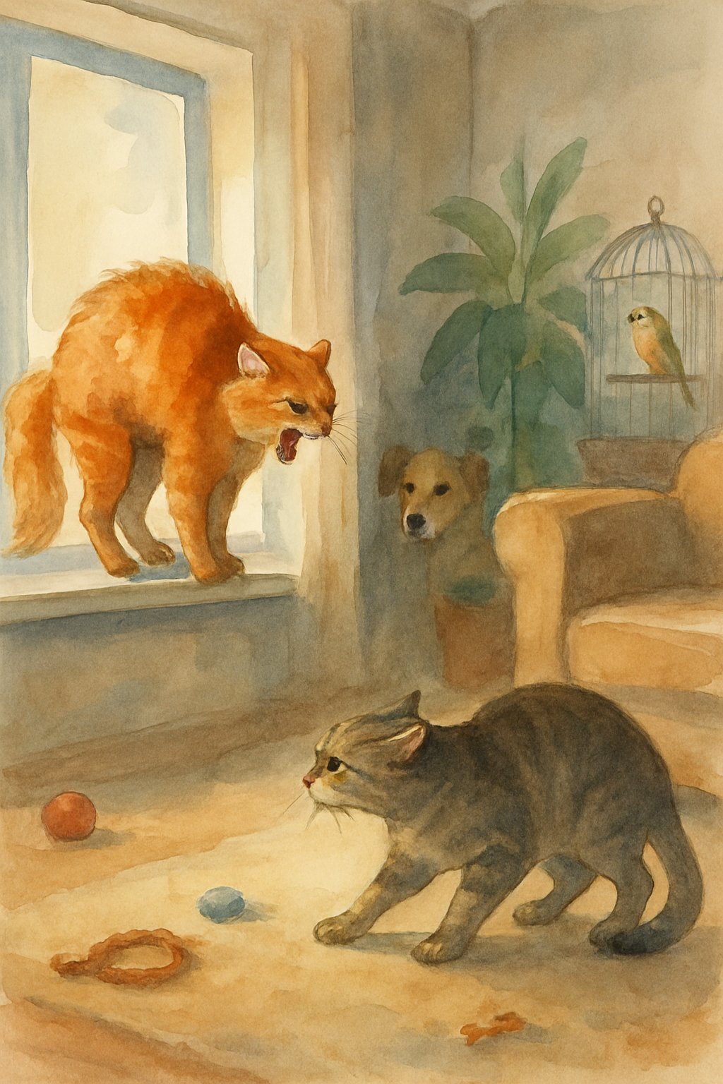 Two cats in a living room showing signs of territorial behavior, with a dog peeking from behind a door and a bird in a cage nearby.