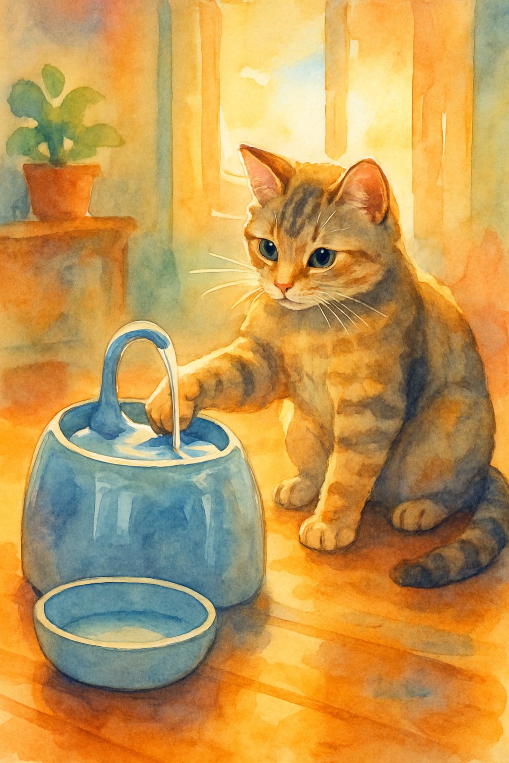 A cat reaching toward a flowing water fountain indoors, with an empty water bowl nearby and soft natural light coming through a window.