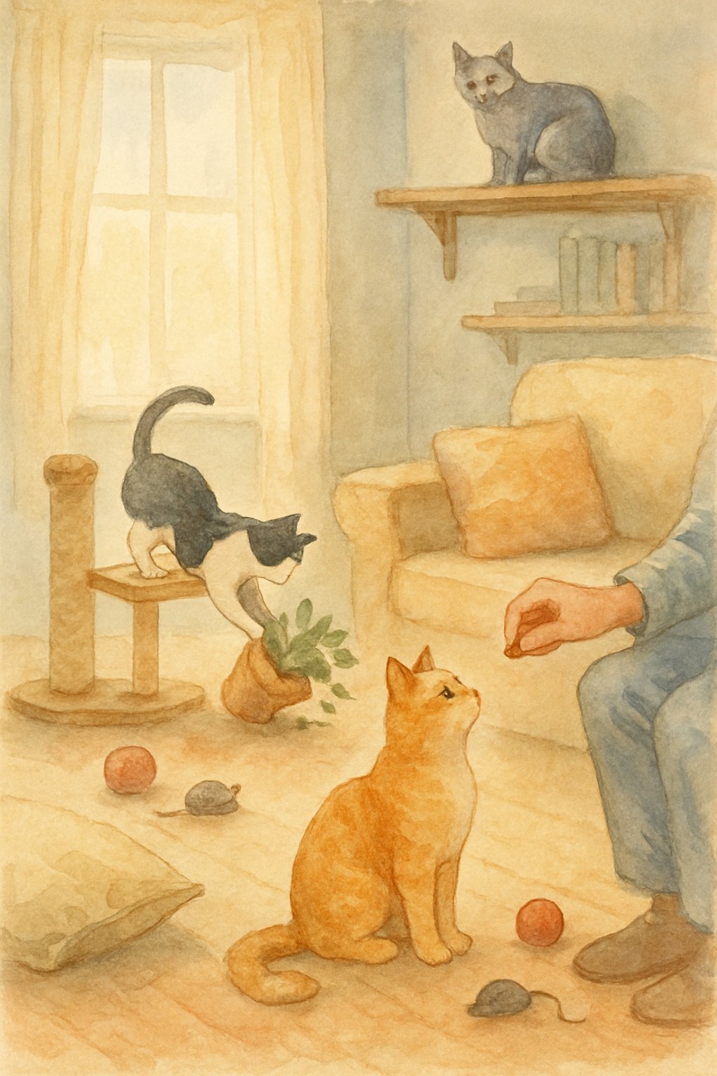 Several cats in a cozy living room, one knocking over a plant, another on a shelf, and a third sitting beside a person offering a treat, with toys and a scratching post around.