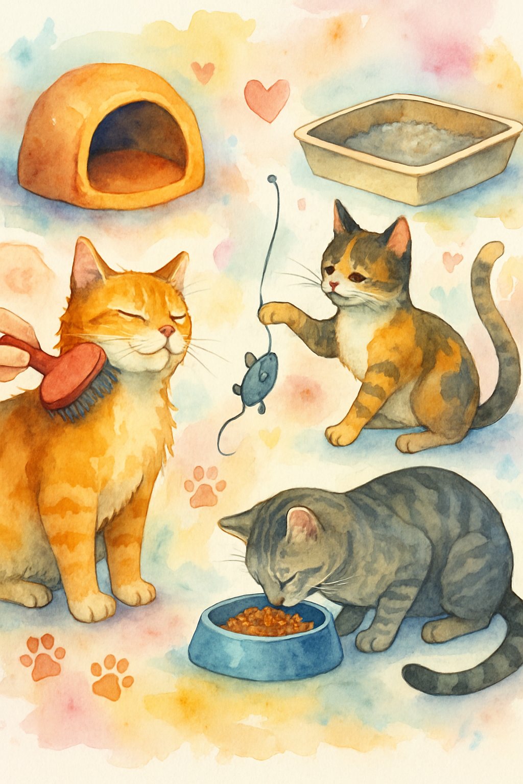 Several cats engaged in grooming, playing, and eating, surrounded by a cozy bed and litter box, illustrating different aspects of cat care.