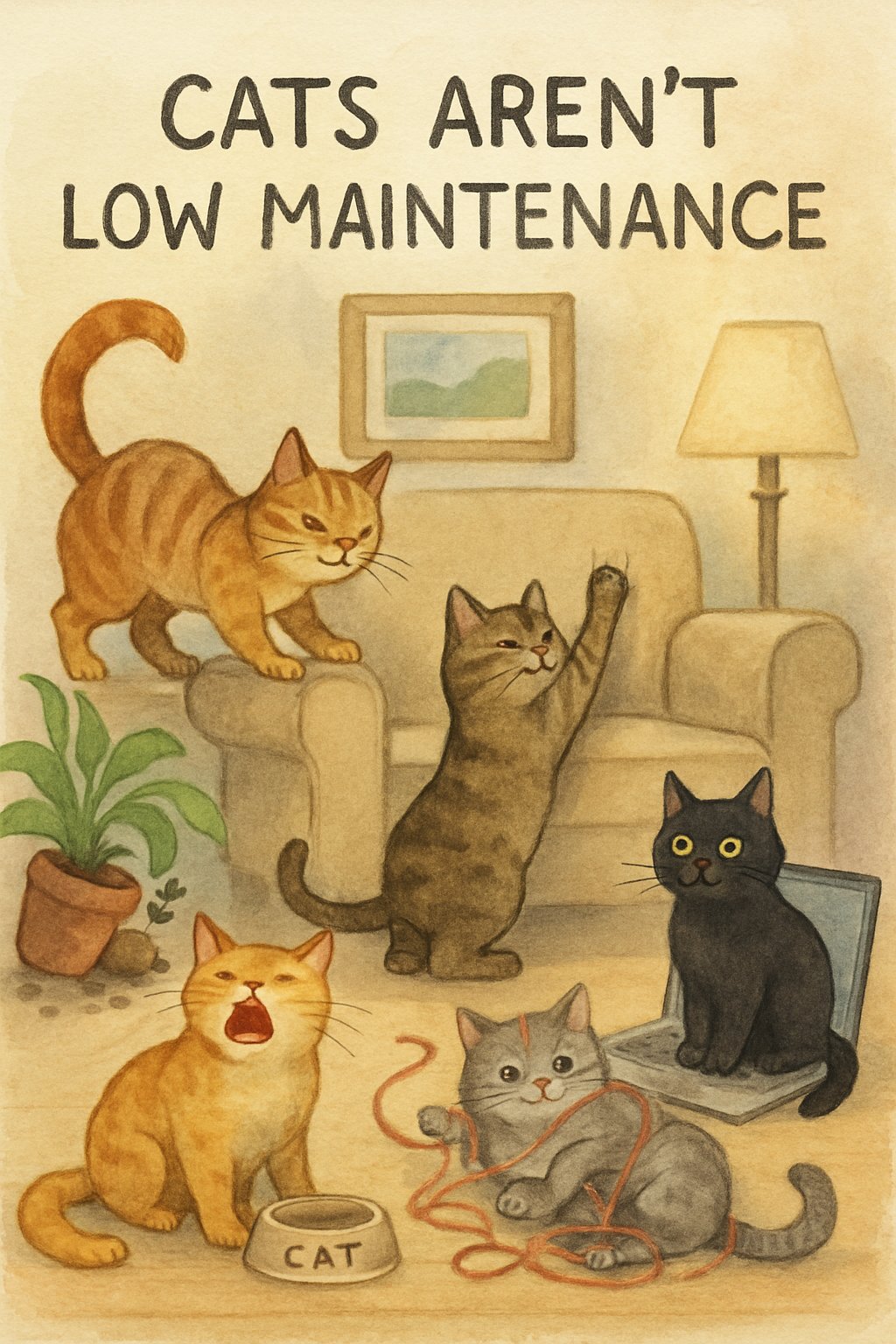 A cozy living room scene with several cats causing playful mischief, such as knocking over a plant, scratching furniture, meowing by a food bowl, tangled in yarn, and sitting on a laptop.