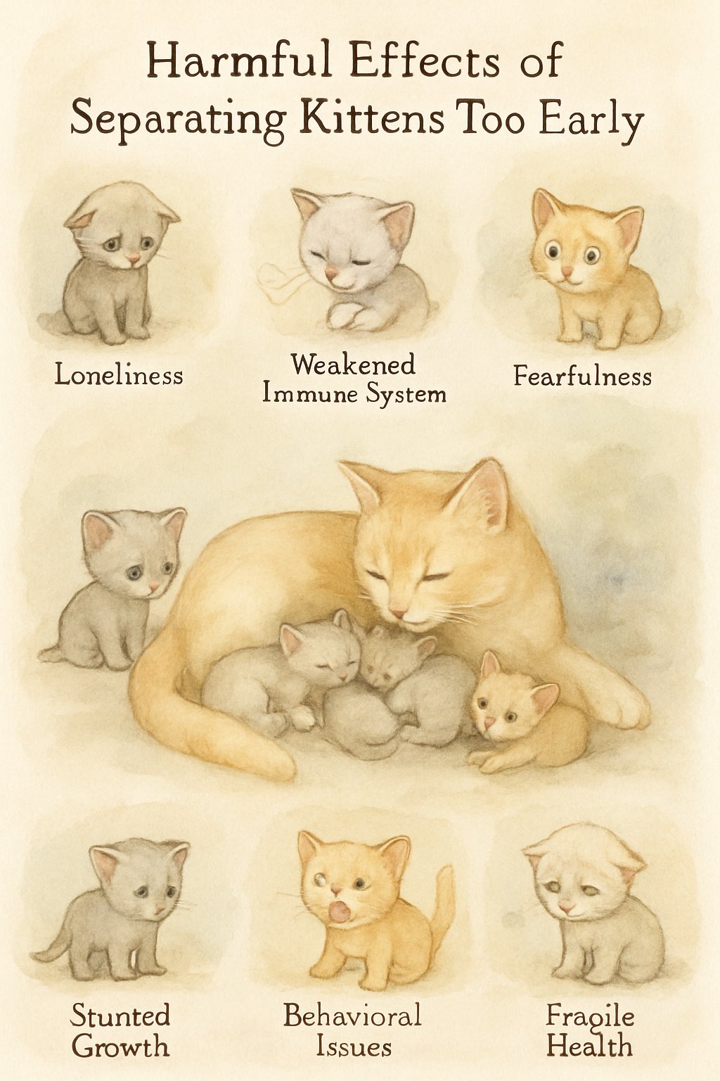 A mother cat caring for her kittens with smaller scenes showing kittens that are lonely, sick, anxious, struggling to play, small in size, aggressive, and unhealthy.
