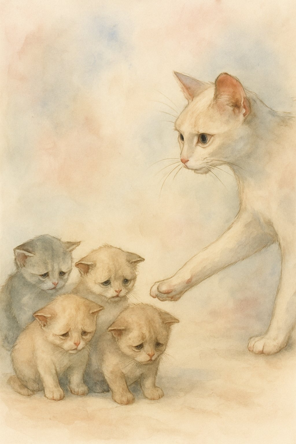 A group of young kittens separated from their mother, looking fragile and distressed while the mother cat reaches out to them from a distance.