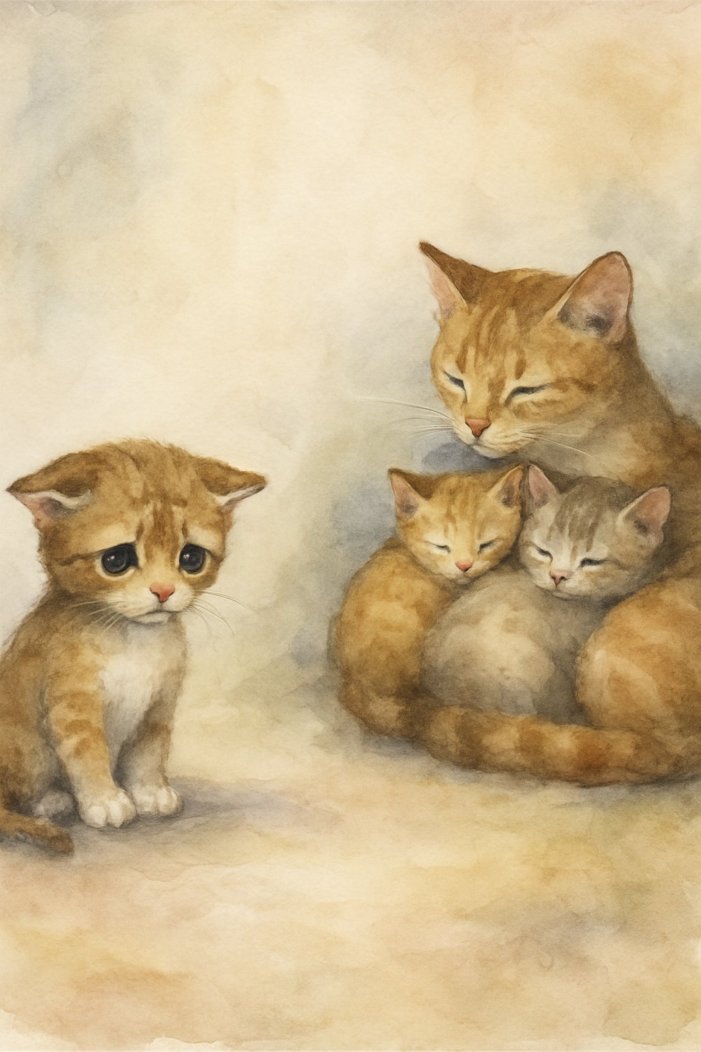 A small kitten looking sad and alone while its mother and siblings stay together nearby.
