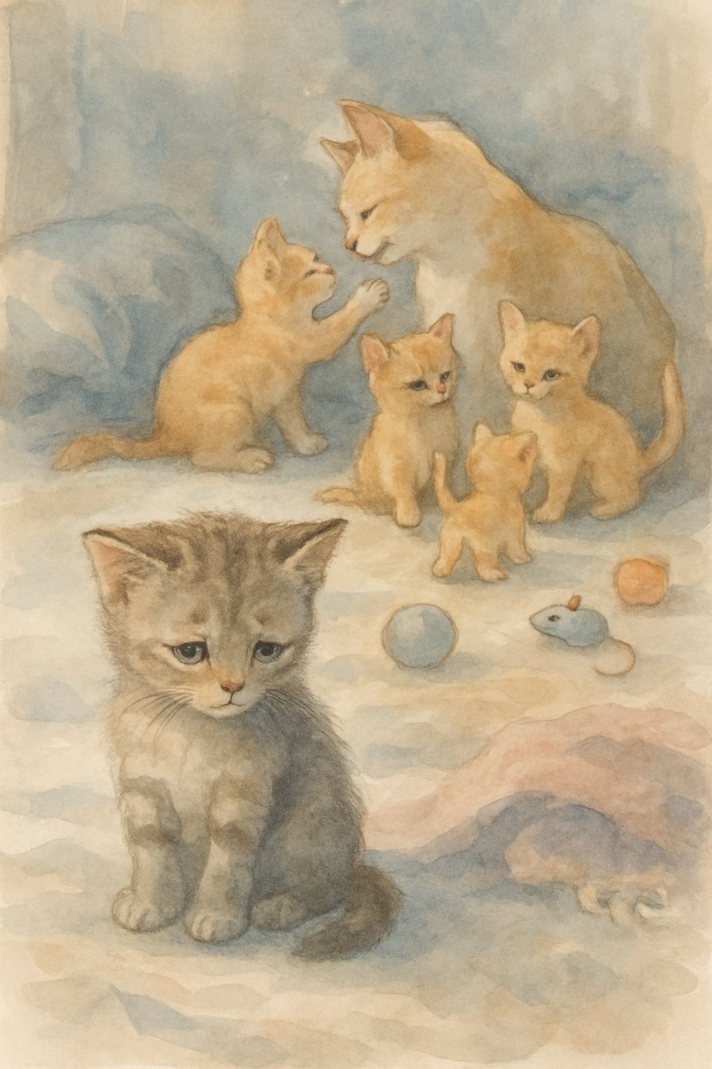 A small kitten sitting alone looking sad while in the background a mother cat and other kittens play together.