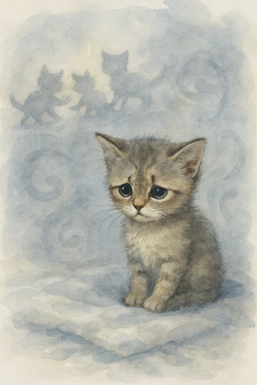 A small kitten sitting alone on a blanket looking sad, with blurred kittens playing in the background.