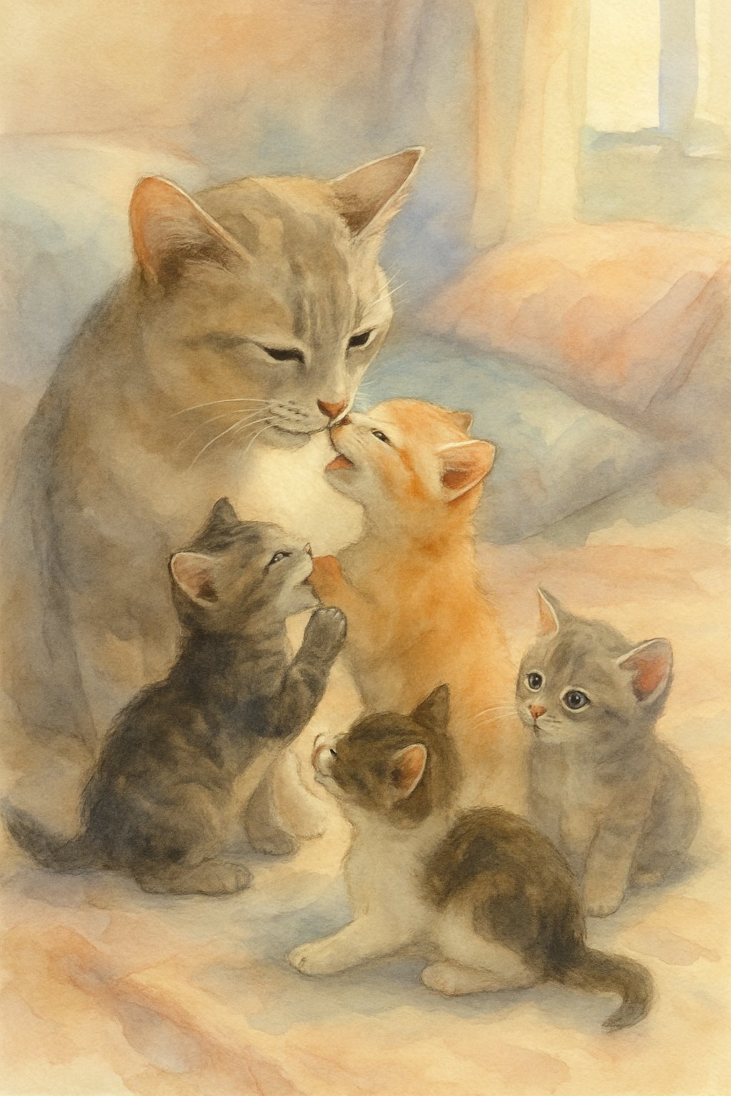 A mother cat gently playing with her kittens in a cozy indoor setting, showing them softly biting and interacting together.