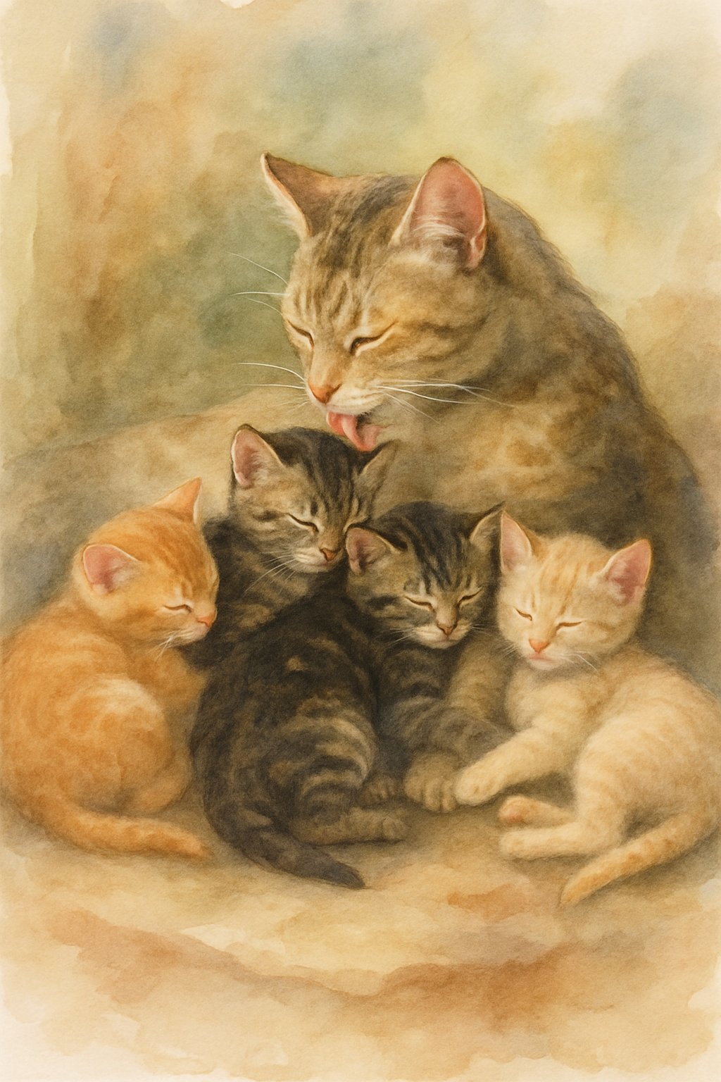 A mother cat lovingly nursing and grooming her small kittens as they cuddle closely together.