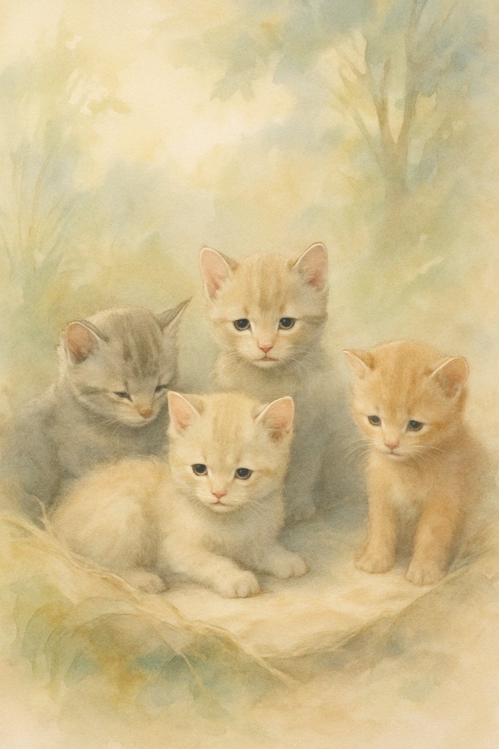 A group of small kittens resting together in a soft nest with some kittens slightly apart, surrounded by gentle natural elements.