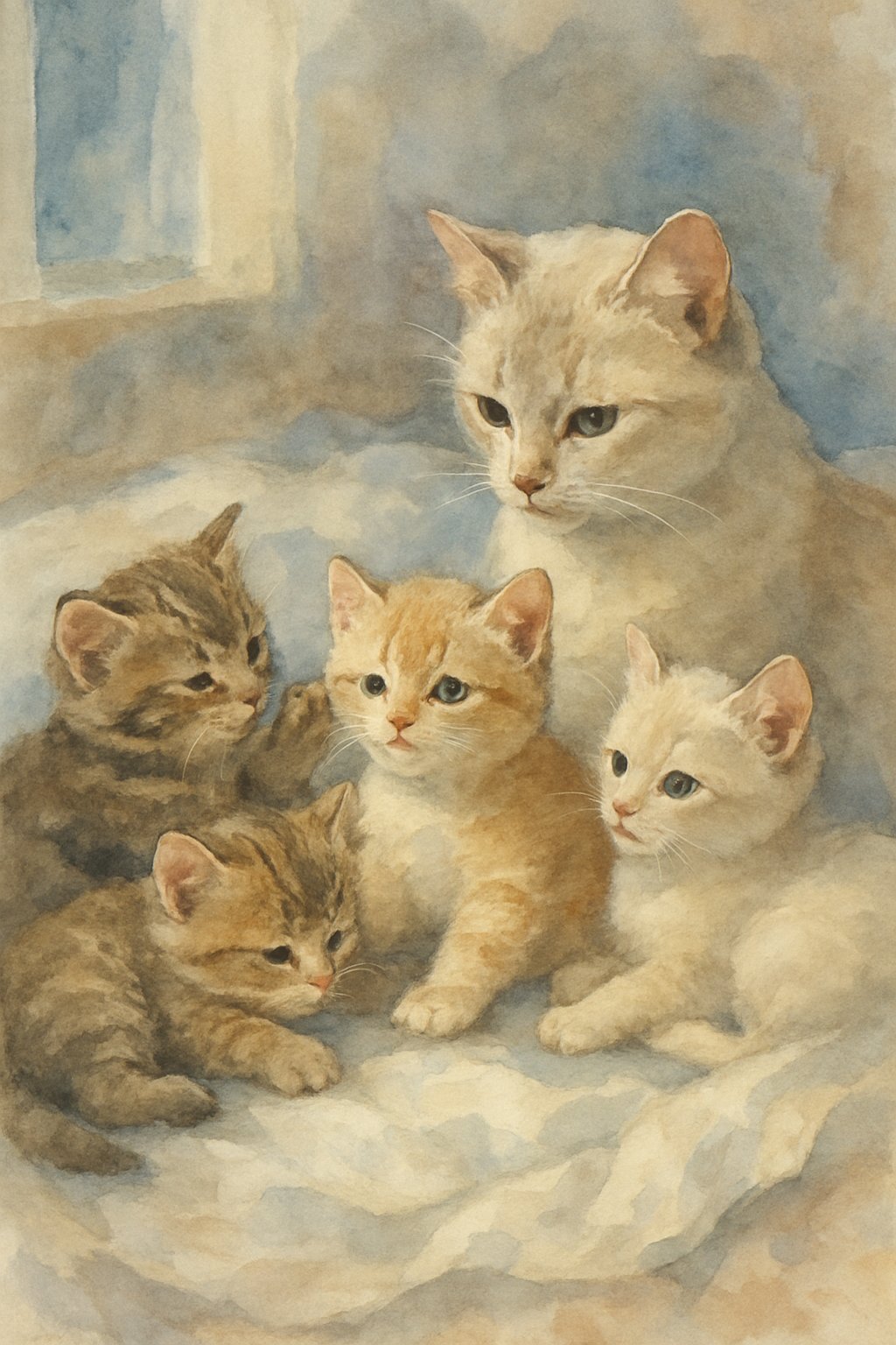 A mother cat watches over a group of young kittens resting and playing closely together in a cozy indoor setting.