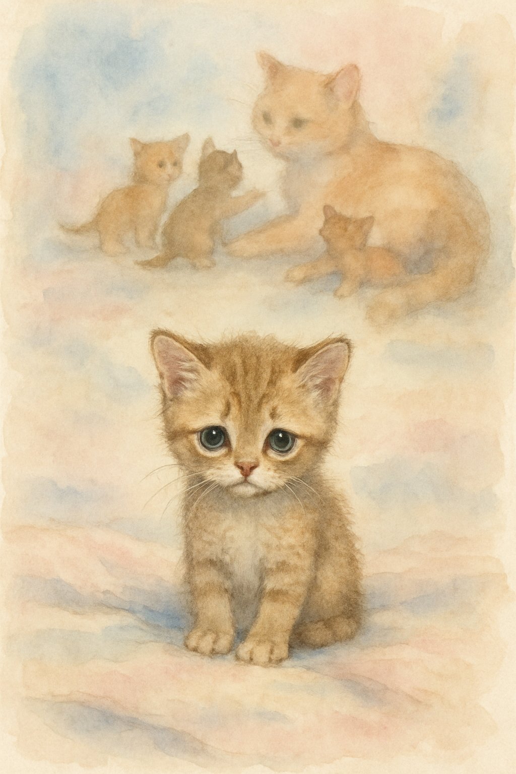 A small kitten sitting alone on a blanket looking sad while its mother and siblings play together in the background.