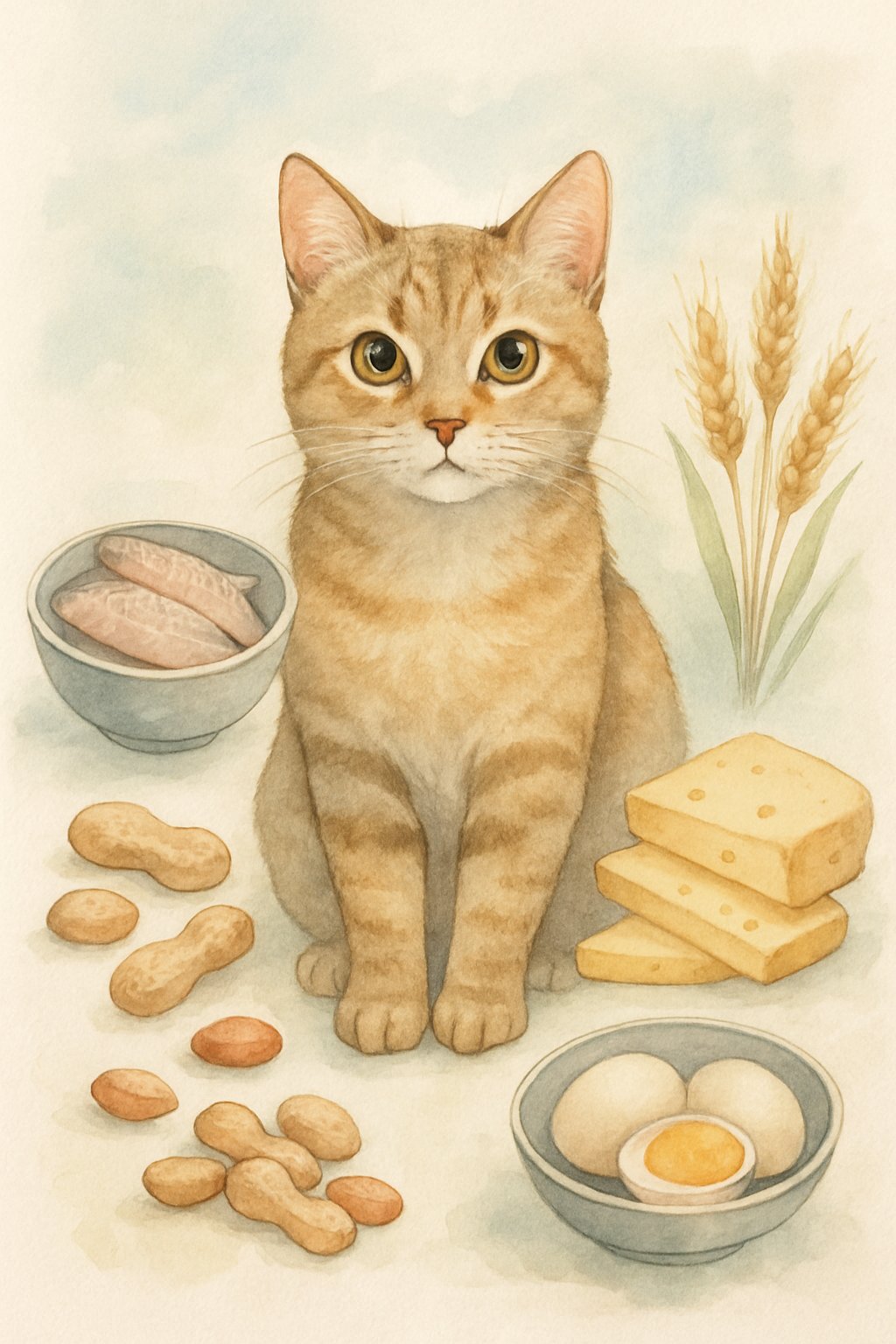 A cat sitting calmly surrounded by fish, peanuts, cheese, wheat stalks, and eggs.